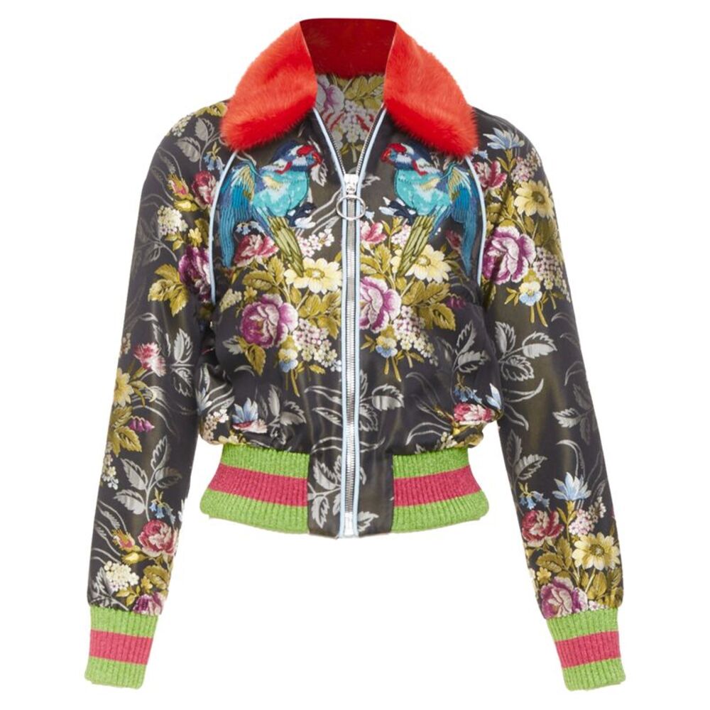 Gucci floral jacquard mink fur collar bomber jacket